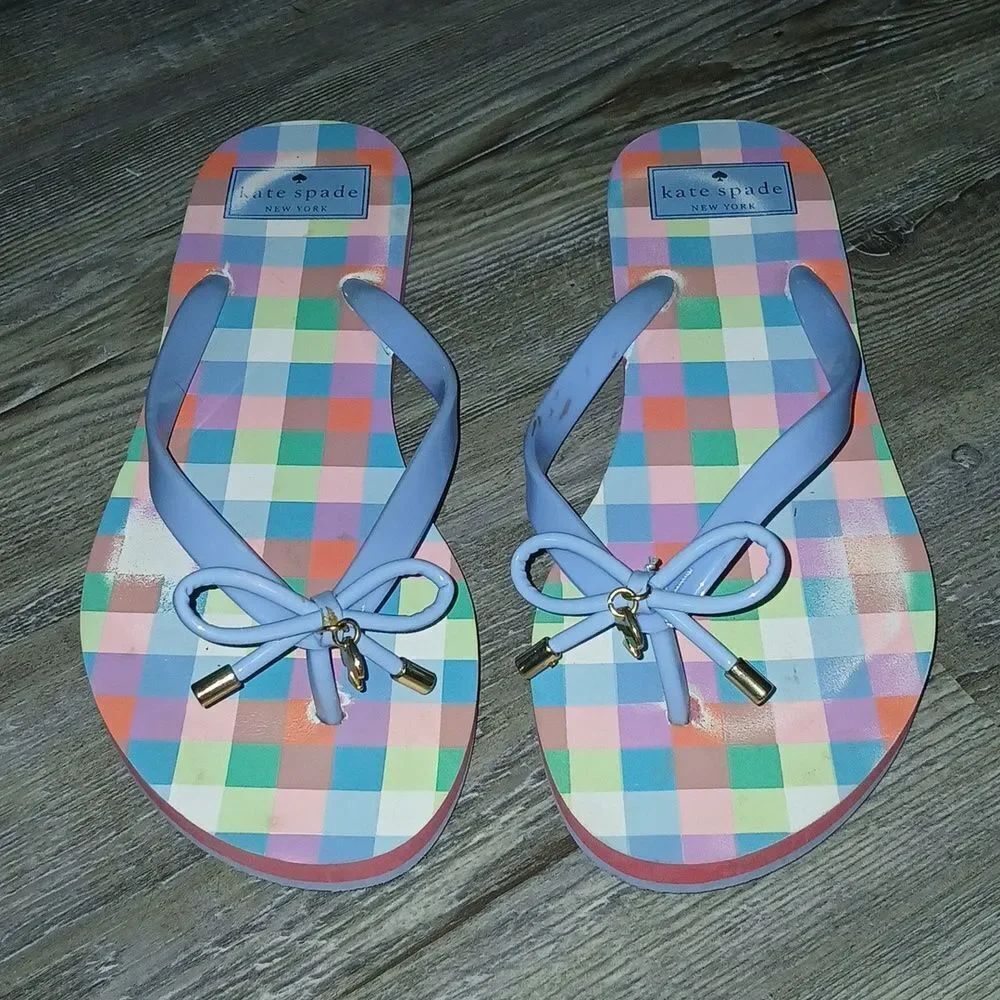 Kate Spade color blocked blue bow flip flops sandals Sz 7-8 EUC